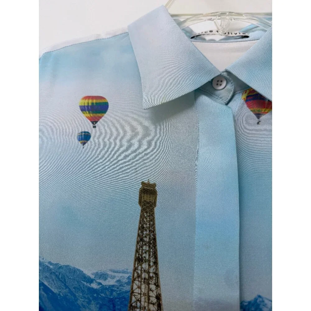 Alice + Olivia Willa Eiffel Tower Emily in Paris Shirt Blouse Silk Floral XS - Picture 7 of 16